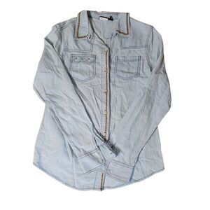 Allen B. Chambray and Crochet Button Up Denim Top embroidery southwest Small